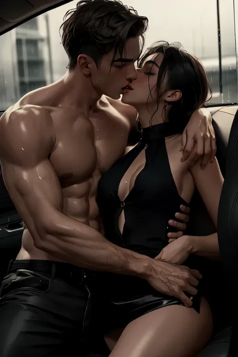 shirtless boy kissing and passionately making out with sexy woman sitting inside a car, tinted windows, partially unbuttoned bla...