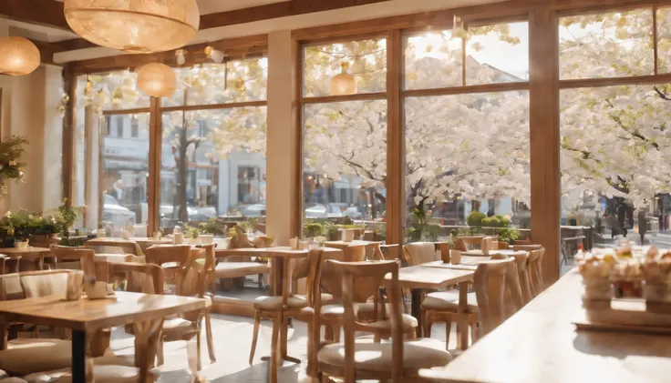 commercial photography, real photos, cinema style, realistic. 　
  Stylish and calm atmosphere.
A small cafe before opening.  there&#39;s no one here.
I can see many cherry blossom trees outside the window..
The bright morning sun shines through the window,...