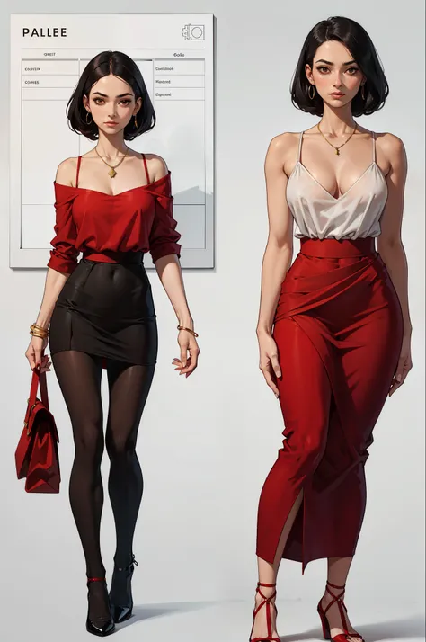 maquiagem, mascara, Lips are soft or colored, fundo preto simples, ((character sheet)), minimalismo, monotone, paletas de cores simples, limpo, Crisp drawings, cleavage, silhuetas fluidas, red skirts and pantyhose, high-waisted red skirts and pants, vestid...