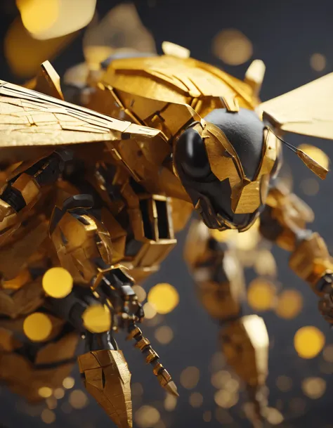 Bumblebee made of paper origomi, hammered metal atyle, cinematic light, golden particles, shallow depth of field, dark theme