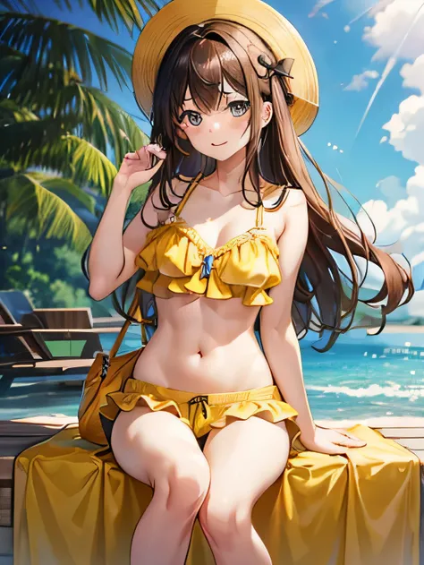 One young teenager with a yellow swimsuit bra with shorts with long brown hair