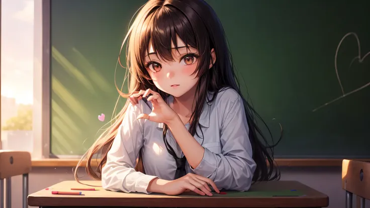 (1young girl:1.3), long hair, brown eyes, model, Enchanting, Sublime,  indoors, (Bokeh), (anime , anime illustration), school, classroom, eraser, sunset, alone, (heart shape drawn with chalk, Heart shape written on a blackboard:1.3),