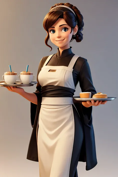 Star wars, high class café waitress, smiling, holding a ((tray)) with drinks, (((blank background))), looking at viewer, realistic proportions