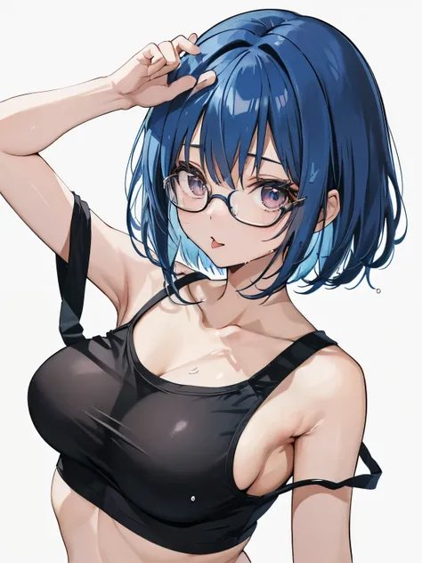 片手でglassesをずらす少女、1 girl、young girl、blue hair、short bob、Long bangs on the right side、Upper body、view from above、big breasts、show me your armpits、Armpit、stick out tongue、glasses、Wet T-shirt