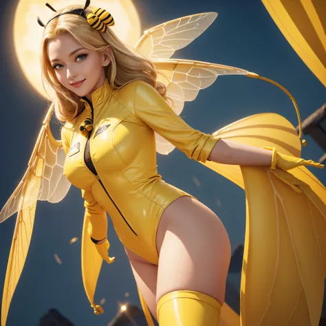 Masterpice, Gorgeous 25 years lady, blond hair, yellow lips, yellow eyes, wearing Bumble bee uniform, high quality 4k resolution, she has bee wings, bee antenna in her head, perfect body shape, with normal , slim legs, very beautiful, cell of Bumble bee wi...