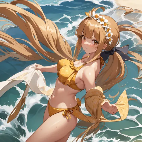 High quality, masutepiece:1.2, solo girl in top-quality swimsuit, running:1.3 along the beach, sun-kissed skin glistening with sweat, long-haired beauty with brown eyes and bangs, low ponytail length hair tied back, golden hair bow adorning her head, swims...