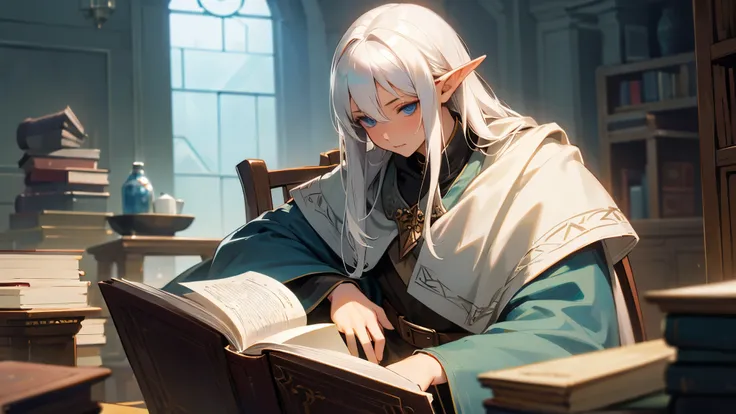 In the mage&#39;s house and a white-haired elf mage read a book.
