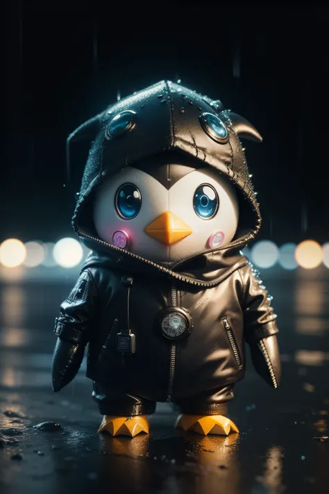 Little penguin stuffed animal 3D, Wet, (cyber punk:1.1), rain, colar de Bitcoin, spectacular realistic, rutkowski, HDR, intricate details, very detailed, cinematic, noctilucent ring, calm colors, Bitcoin