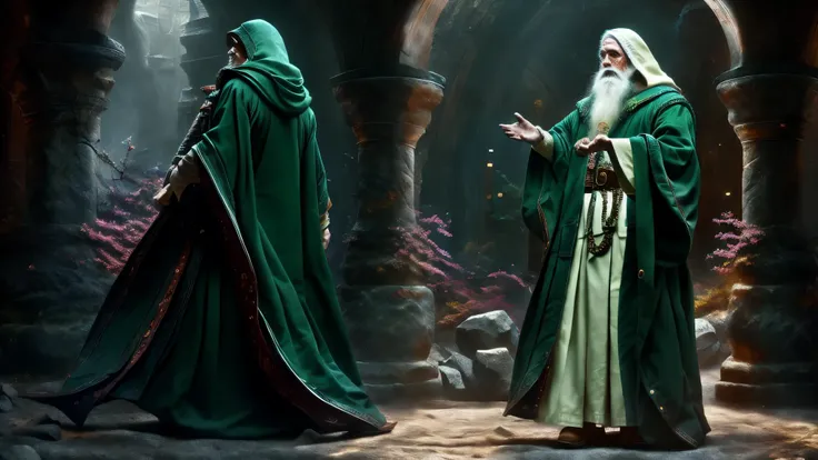 (master piece), 8k, best quality, panoramic view, hooded, Elf, old man, male, wizard, big white beard, pointy ears, blue eyes. Standing 1.60 meters tall, wearing a dark green robe, a leather belt and a magic bag, talking, handing over a runic stone