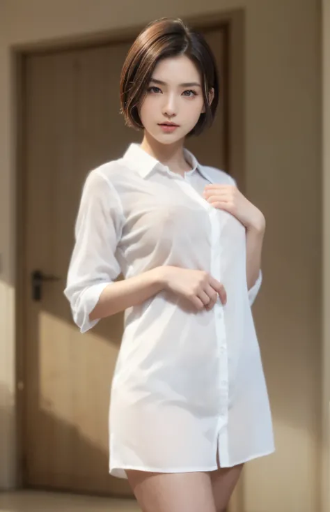 (smile)、((nipple見え))、(translucent shirt:1.2)、(In 8K、highest quality、masterpiece:1.2)、(genuine、photogenuineistic:1.37)、Super detailed、1 girl、cute、、Big eyes、beautiful detailed eyes、office、、(blush your nose)、 (perfect beautiful beautiful face:1.15)、(closed mo...