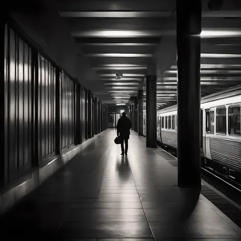 a person standing alone in the Train Station, under a single bright fluorescent light, surrounding tiles reflect the light, casting soft shadows around the individual engrossed in their smartphone, ambiance is quiet, contemplative, with the architectural d...