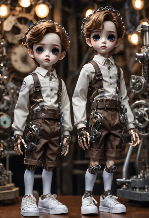 （best quality，4k，masterpiece：1.2），super detailed，lifelike：1.37，桌上的LovelyMechanical dolls，Group photo，有趣的action，decoration，Possess human emotions and intelligence，Mechanical dolls，big eyes，dark eye makeup，mute，Lovely，Mechanical joint，Two boys with pigtails，...