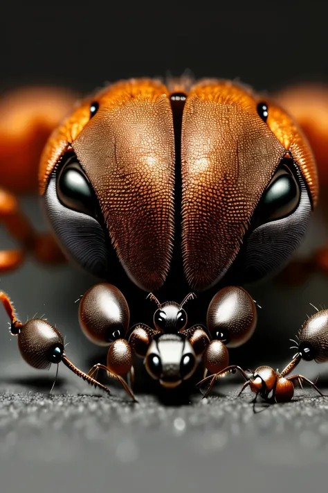 A man with an expression of dread and unease, (reticent: 1.1), (beads of sweat: 1.3), (detailed wrinkles: 1.5), hdr, (looming ants: 1.2), close-up shot, dark background, shadows cast by the ants creating an ominous scene, intricate details of the ants mand...