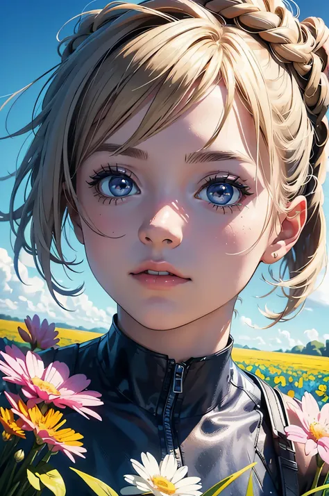 an image of a girl in the field in the background, in the style of vibrant comics, realistic hyper-detailed portraits, delicate flowers, realistic blue skies, cartoonish characters, shiny/glossy, close up --ar 2:3
