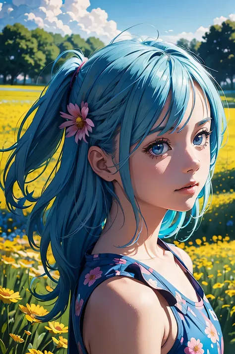 an image of a girl in the field in the background, in the style of vibrant comics, realistic hyper-detailed portraits, delicate flowers, realistic blue skies, cartoonish characters, shiny/glossy, close up --ar 2:3
