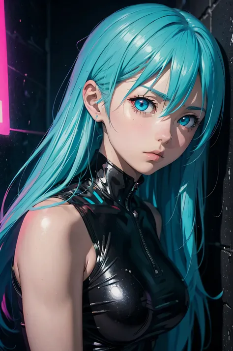 an anime girl is looking straight at the wall, in the style of neon realism, light cyan and crimson, realistic hyper-detailed portraits, pulp comics, shiny/glossy, close up, subtle emotions --ar 2:3
