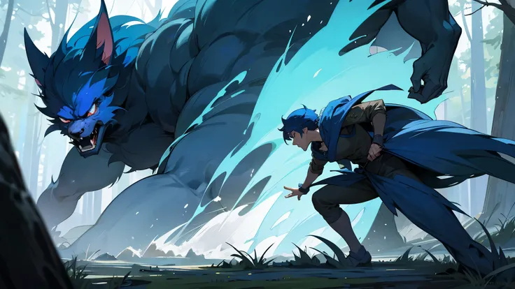 In the forest, a blue-haired human hero fights against a beast.
