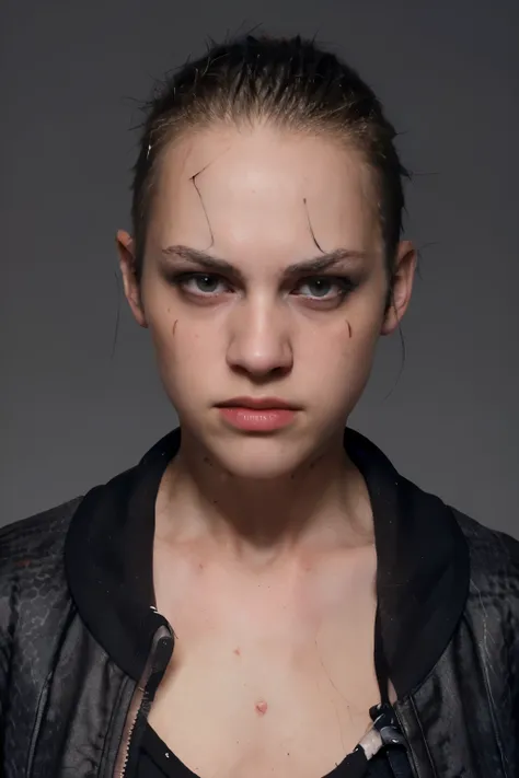 (scar on face) bad girl (angry face, expressing anger and hatred) 15 year old girl (woman wearing a jacket). woman with shaved h...