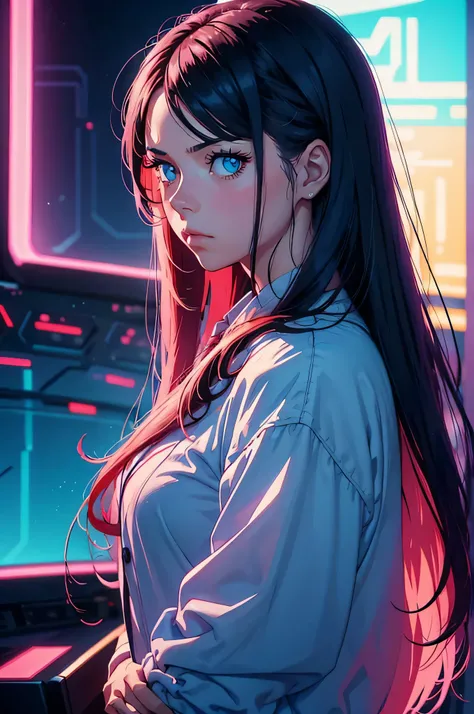  a girl with long hair and blue eyes looking straight at something, in the style of synthwave, martin ansin, close-up, charming anime characters, light red and cyan, delicate chromatics, 8k resolution --ar 2:3
