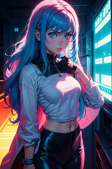  a girl with long hair and blue eyes looking straight at something, in the style of synthwave, martin ansin, close-up, charming anime characters, light red and cyan, delicate chromatics, 8k resolution --ar 2:3
