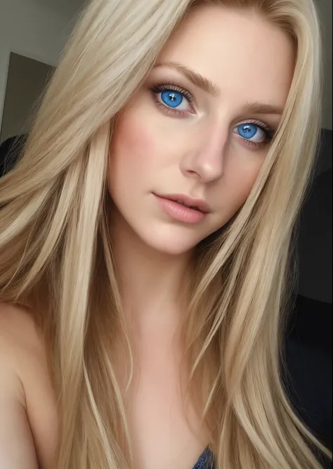 a selfie of a pretty young woman, taken with iphone camera 30 year old woman, long blonde hair, perfectly detailed realistic blue eyes