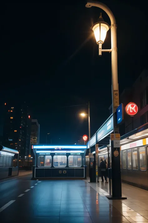 there is a bus stop with a bench and a street light, dark city bus stop, Peripheral LED lights, cyberpunk bus stop, metro station, bus station, bus stop, soviet bus stop, monorail station, illumination, lined with neon tubes, Illuminated street signs