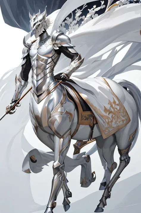 1 male  centaur knight，white horse lower body ,anatomy correct, (exquisite helmet)，silver armor，delicate pattern，oriental elemen...