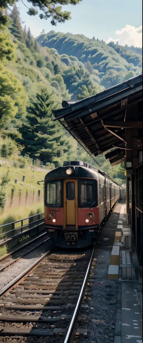 ((masterpiece, highest quality, Highest image quality, High resolution, photorealistic, Raw photo, 8K)), Train coming into the station, train in the background, [ graphic photo ], Karuizawa, train, portrait! outdoor, museum, viewpoint photo, exhibition, sm...