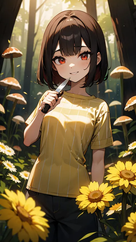 Red eyes, girl, holding a knife, yellow-green striped shirt with thicker stripes, red eyes glowing red, head tilted, short brown hair mushroom head, with a clear smile on his face, Chara, two-dimensional, standing among golden flowers with a ray of light a...