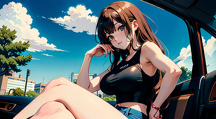 4K, A high resolution, Best quality at best, masterpiece, perfect colors, perfect shadow, perfect litthing, ((sportrait)), Anime girl sitting in car with hand on chin, Anime visuals of cute girls, Seductive Anime Girl, charming anime girls, anime styled, H...