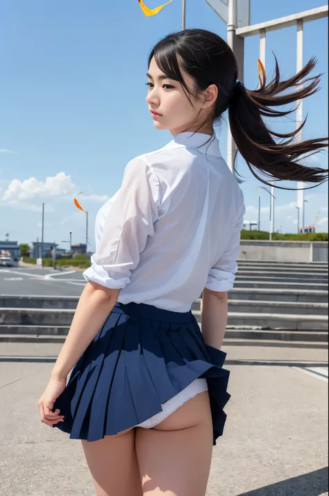 (((shoot from behind))),(((no glasses))), 1girl, (((17 years old))), (((huge bureast:1.5))), brown ponytail, (blush:1.5), ((shy face:1.5)), ((beautiful anime eyes with fine detail)), realistic skin, (intricate details), (((white blouse))),(((navy blue plea...