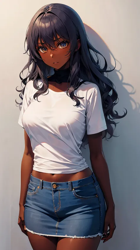 1 girl, dark skin, wavy hair, jeans skirt