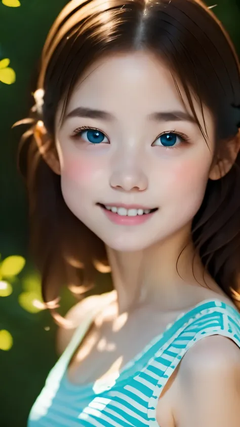 one girl、smile:0.1、pretty girl、brown hair、baby face、young、delicate girl、Upper body、small breasts、unreasonable precision、Super detailed、camisole、completely flat、Honesty、thin arms, professional lighting, film grain, chromatic aberration, (Eye and face detail...