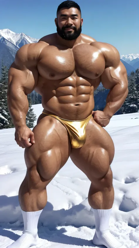 a chinese bodybuilder，30 years old，Tall and handsome, toned body，short hair, O-shaped beard，Perfect body, Dark and shiny complexion，Smooth skin，The body is hairless，Muscle bulge, muscular, Very big pecs，Very sexy abs，Leg muscles are very developed，Huge bum...