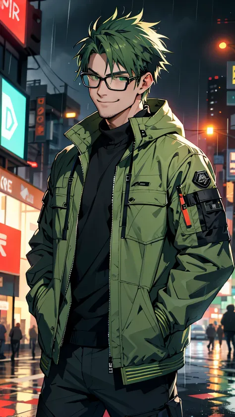 1 person, Tactical Jacket, City of night, rain, put your hands in your pockets, tactical clothing, green hair, black glasses, smile, UHD, ccurate, best quality, 8k