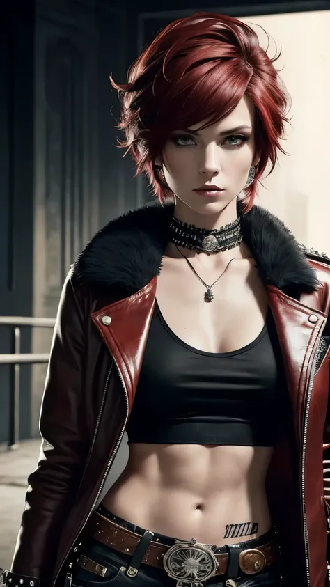 A Woman, ((Punk Style)), (80s) , 25 years old woman, Short red hair, Tattoos, Fur Jacket, Wearing black Shirt, Skinny, Looking at viewer, Arrogant expression, (((Masterpiece, Semirealistic, Cowboy shoot, Good expression, Good anatomy, Good pose))).