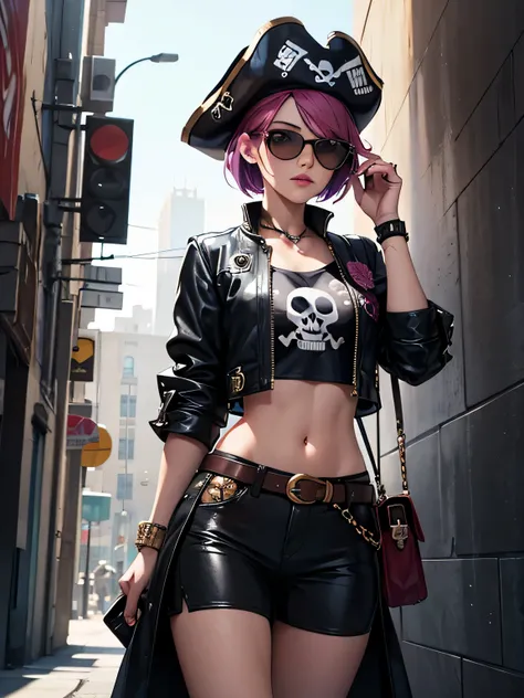 stylish design, The strongest girl pirate in history, cute lovely pirate skull, focus on the face, Stylish sunglasses, Fashionable hats, beautiful flower, highest quality、cyber punk, A girl standing in front of a wall with newspapers pasted on it, short ha...