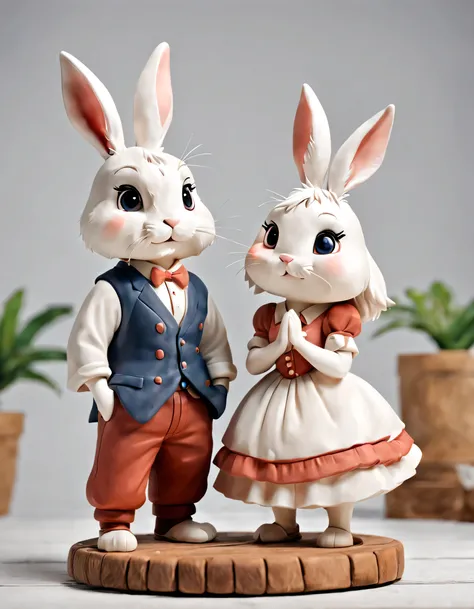 pure white background,Cute bunny couple clay figurine model dressed as a couple&#39;costumes，Dynamic pose standing on a round wooden base。