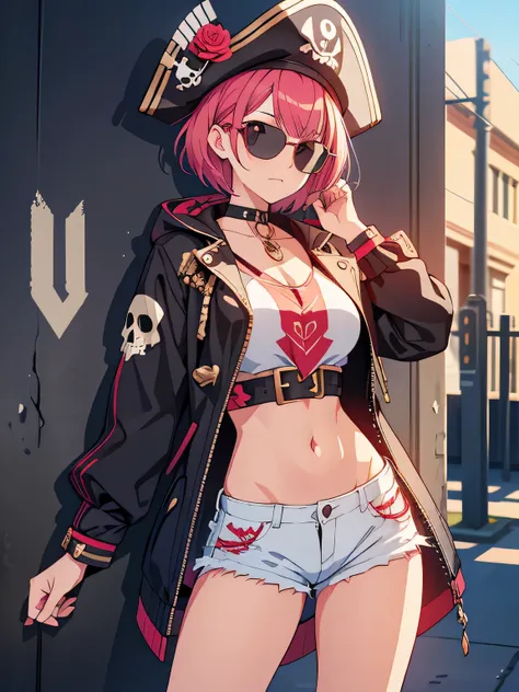 stylish design, The strongest girl pirate in history, cute lovely pirate skull, focus on the face, Stylish sunglasses, Fashionable hats, beautiful flower, highest quality、cyber punk, A girl standing in front of a wall with newspaper pasted on it, short hai...