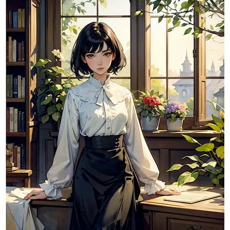 ((Watercolor painting by Singer Sargent))、(highest quality、masterpiece)、1 girl、16 years old、wonderful、short black hair、Also々Shiime、small breasts、uniform、long skirt、piano、library、Book、flower shop、table、Floral、window、Foliage plant、 wood,soft light、