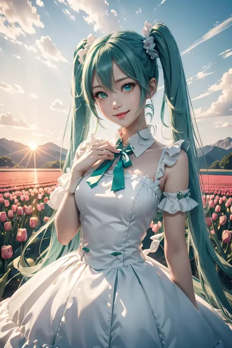 hatsune miku,twin tails,beautiful emerald green eyes,white skin,hatsune miku costume,white ruffle dress,green ribbon around neck...