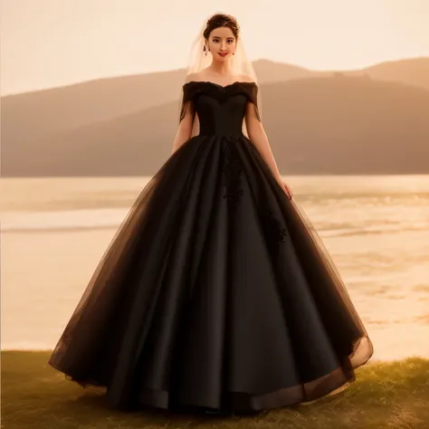 ((highest quality、8k、best image quality、the most extravagant black a-line wedding dress:1.3)、(black dress:1.3)、(solo shot), (the...