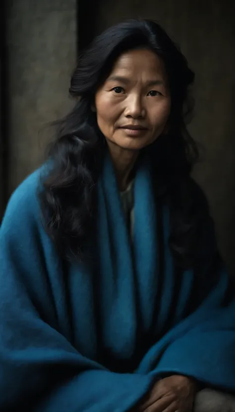 (Steve McCurry style), An girl Japanese women, wrinkled, happy and homeless ((wearing a blue wool coat)), (melancholy), 1woman, solo, straight black hair and hairstyle, very detailed face, beautiful eyes, [chubby], adorable, with bright eyes, sad eyes, bit...