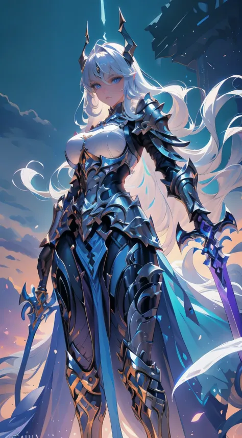 "An awesome female paladin, with large breast, sexy armor, wields a sword full of light, Exudes powerful light magic. The setting is set in a dark and mysterious cityscape, Illuminated by the light of the Paladins Sword. The composition is professionally c...