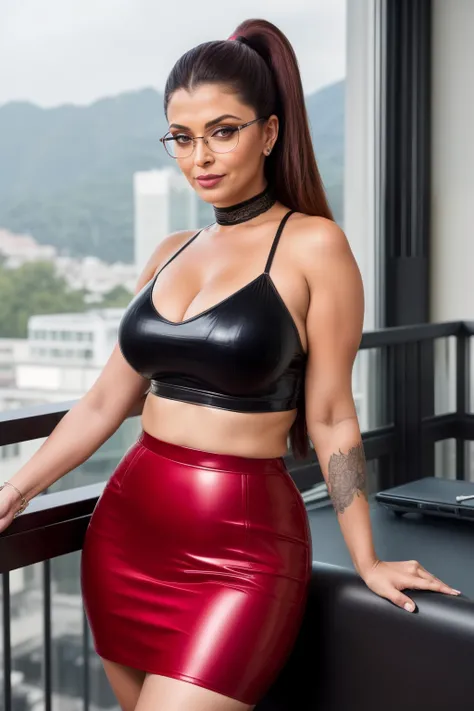 50yo mature milf Aishwarya rai as corporate lady, black latex skirt, ((tight red satin crop top)), ((knee high bootature curvaceous milf figure, high ponytail, wearing thick glasses, posing in balcony, day scene, mature hourglass figure, look straight at c...