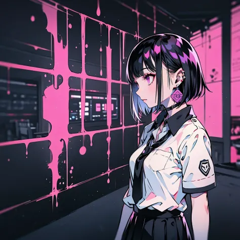 girl in school uniform with black and purple hair standing in front of 紫色の背景, 1 girl, alone, short hair, skirt, shirt, black hair, tie, simple background, white shirt, purple eyes, black tie, jewelry, pleated skirt, From the side, short sleeve, earrings, c...