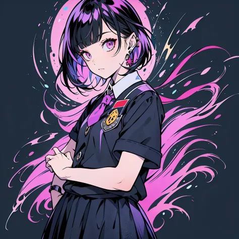 girl in school uniform with black and purple hair standing in front of 紫色の背景, 1 girl, alone, short hair, skirt, shirt, black hair, tie, simple background, white shirt, purple eyes, black tie, jewelry, pleated skirt, From the side, short sleeve, earrings, c...