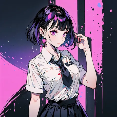 girl in school uniform with black and purple hair standing in front of 紫色の背景, 1 girl, alone, short hair, skirt, shirt, black hair, tie, simple background, white shirt, purple eyes, black tie, jewelry, pleated skirt, From the side, short sleeve, earrings, c...