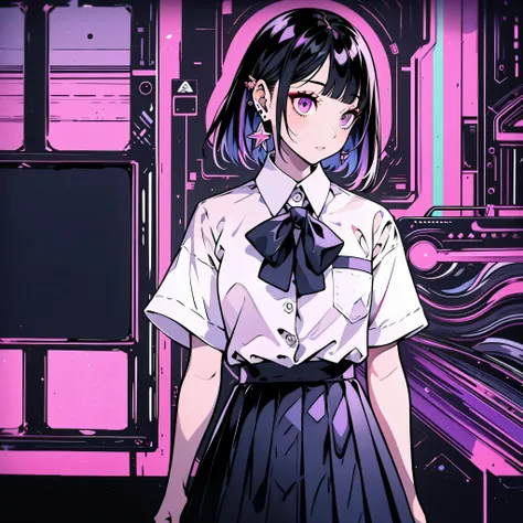 girl in school uniform with black and purple hair standing in front of 紫色の背景, 1 girl, alone, short hair, skirt, shirt, black hair, tie, simple background, white shirt, purple eyes, black tie, jewelry, pleated skirt, From the side, short sleeve, earrings, c...