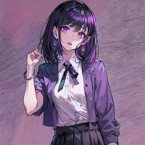 girl in school uniform with black and purple hair standing in front of purple background, 1 girl, alone, short hair, skirt, shir...